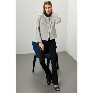 DEREK LAM COLLECTIVE Gray Gold Button Front Zip Up Sleeve Tweed Jacket Size 40